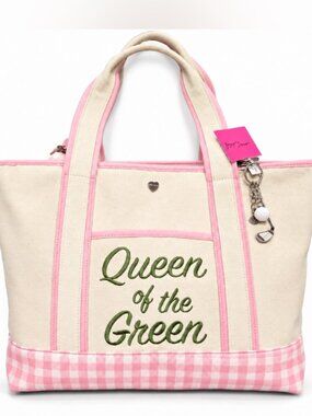 Betsey Johnson Queen of The Green Canvas Tote Bag & Pouch Gingham NWT